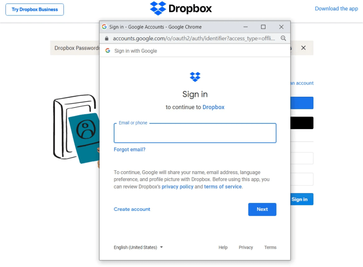 DropBox login form